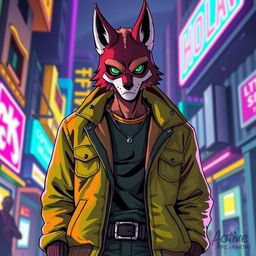 A stylized portrayal of the character 16 from Hotline Miami, depicting him in his iconic outfit which includes a bright green jacket, a mask resembling a fox, and a casual yet edgy demeanor