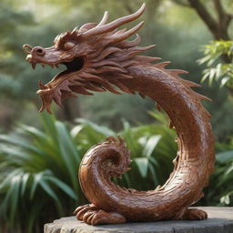 A majestic Chinese dragon with a body formed from polished teak and bamboo. Its serpent-like form twists skywards, intricate wooden scales reflecting the sunlight and whiskers flowing like willow leaves in the breeze.