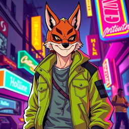 A stylized portrayal of the character 16 from Hotline Miami, depicting him in his iconic outfit which includes a bright green jacket, a mask resembling a fox, and a casual yet edgy demeanor