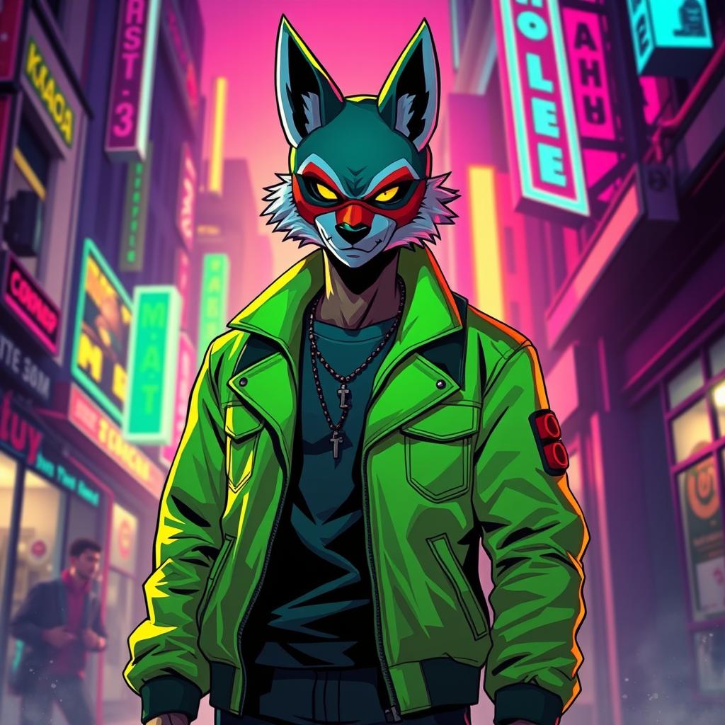 A stylized portrayal of the character 16 from Hotline Miami, depicting him in his iconic outfit which includes a bright green jacket, a mask resembling a fox, and a casual yet edgy demeanor