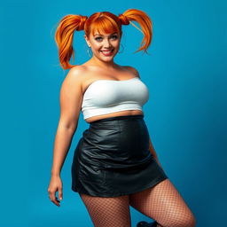 A full-body portrait of a very curvy, sexy woman with freckles and orange hair styled in two high pigtails