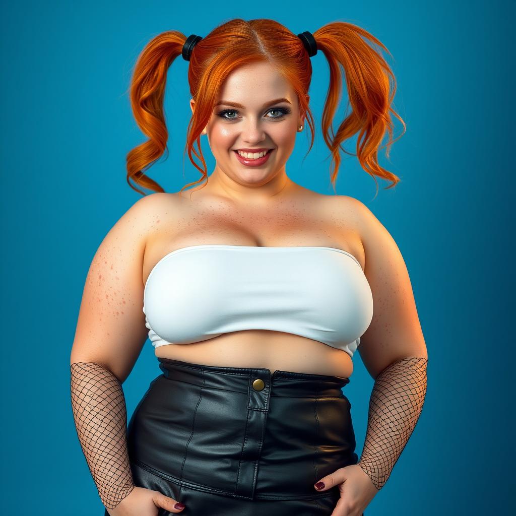 A full-body portrait of a very curvy, sexy woman with freckles and orange hair styled in two high pigtails