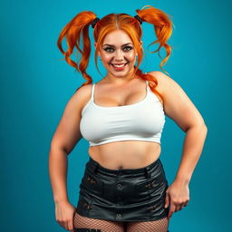 A full-body portrait of a very curvy, sexy woman with freckles and orange hair styled in two high pigtails