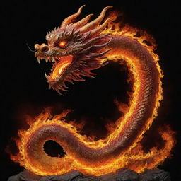 A captivating Chinese dragon whose body is comprised of roaring flames. The orange, yellow, and red flames dance along its serpentine form, flickering and casting a warm glow, creating an ethereal and mesmerizing sight.