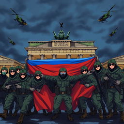 An intense anime-style illustration depicting Russian conscript soldiers wearing green helmets, black balaclavas, and sunglasses, posing for a group picture behind the half-destroyed Brandenburg Gate