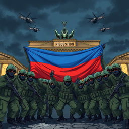 An intense anime-style illustration depicting Russian conscript soldiers wearing green helmets, black balaclavas, and sunglasses, posing for a group picture behind the half-destroyed Brandenburg Gate