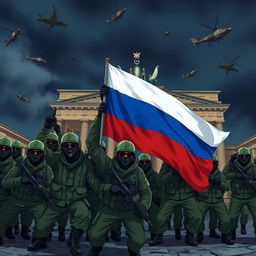 An intense anime-style illustration depicting Russian conscript soldiers wearing green helmets, black balaclavas, and sunglasses, posing for a group picture behind the half-destroyed Brandenburg Gate