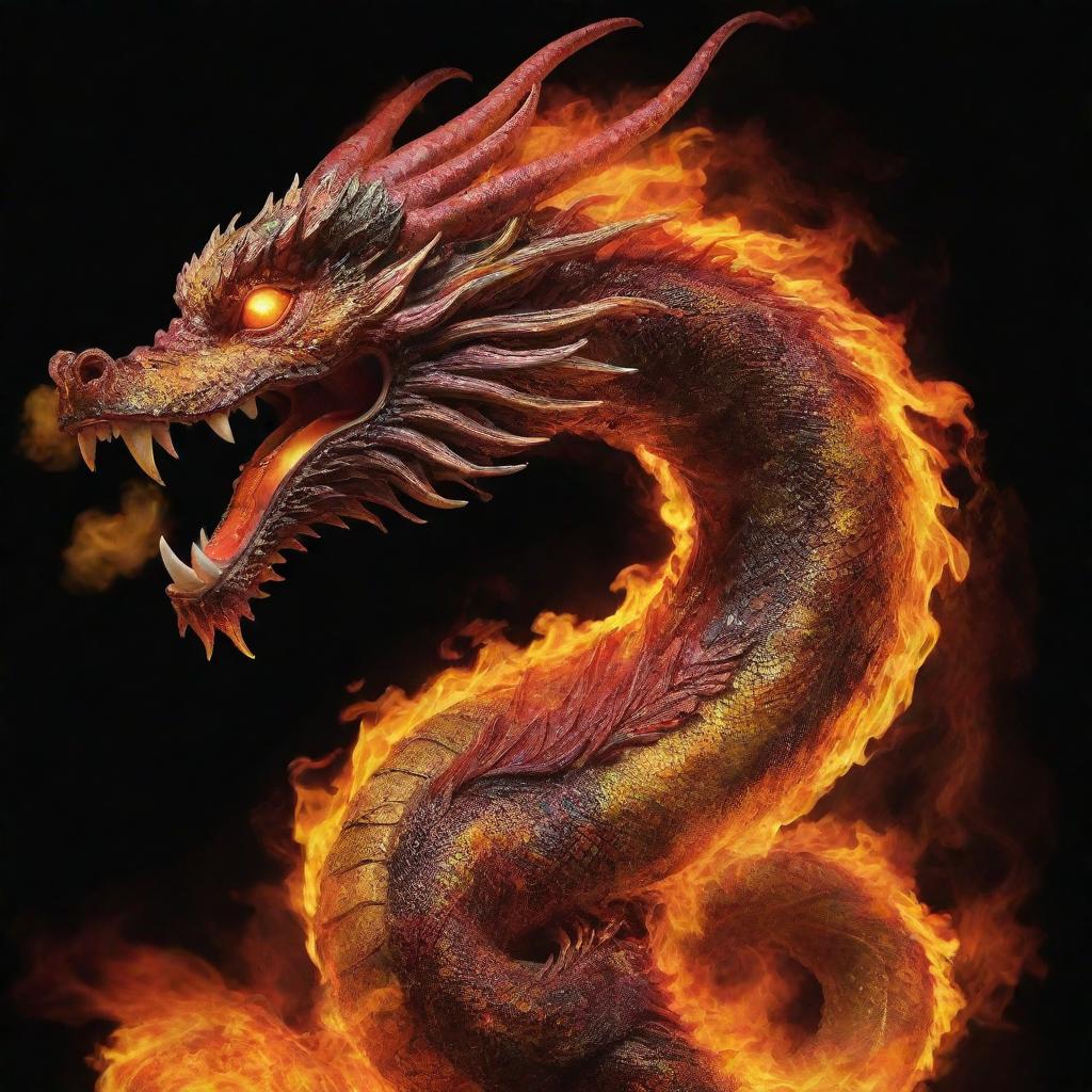 A captivating Chinese dragon whose body is comprised of roaring flames. The orange, yellow, and red flames dance along its serpentine form, flickering and casting a warm glow, creating an ethereal and mesmerizing sight.