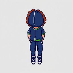 A pixel art character designed in a 16x16 pixel format, featuring a very dark blue sports costume paired with a light green T-shirt