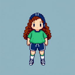 A pixel art character designed in a 16x16 pixel format, featuring a very dark blue sports costume paired with a light green T-shirt