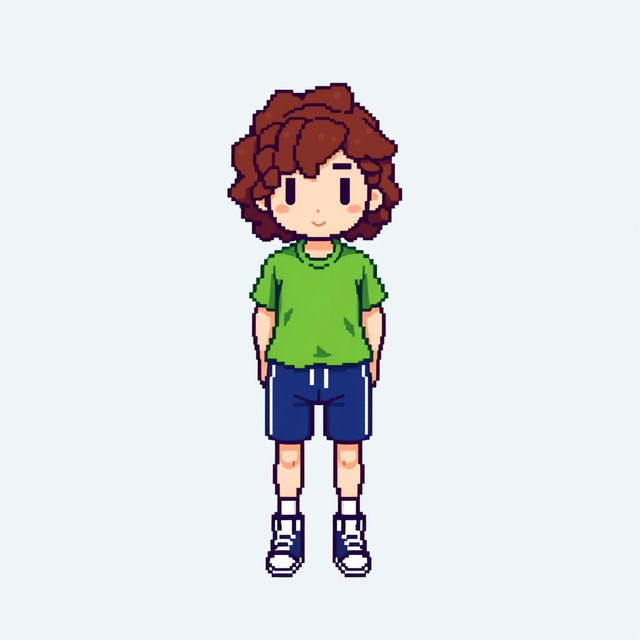 A pixel art character designed in a 16x16 pixel format, featuring a very dark blue sports costume paired with a light green T-shirt