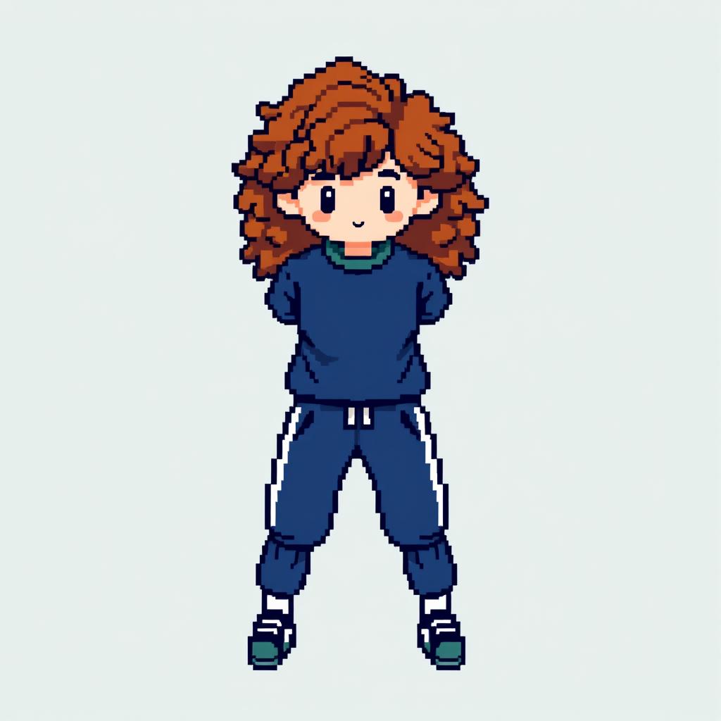 A pixel art character designed in a 16x16 pixel format, featuring a very dark blue sports costume paired with a light green T-shirt