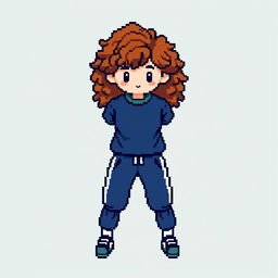 A pixel art character designed in a 16x16 pixel format, featuring a very dark blue sports costume paired with a light green T-shirt