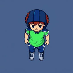 A 16x16 pixel art character viewed from a total top view, featuring a very dark blue sports costume paired with a light green T-shirt