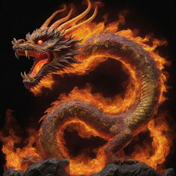 A captivating Chinese dragon whose body is comprised of roaring flames. The orange, yellow, and red flames dance along its serpentine form, flickering and casting a warm glow, creating an ethereal and mesmerizing sight.