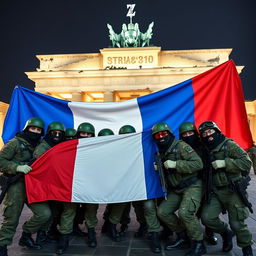 A group of Russian conscript soldiers wearing green helmets, black balaclavas, and sunglasses, striking a strong pose as they take a group picture in front of the half-destroyed Brandenburg Gate