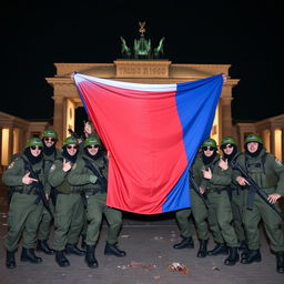 A group of Russian conscript soldiers wearing green helmets, black balaclavas, and sunglasses, striking a strong pose as they take a group picture in front of the half-destroyed Brandenburg Gate