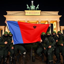 A group of Russian conscript soldiers wearing green helmets, black balaclavas, and sunglasses, striking a strong pose as they take a group picture in front of the half-destroyed Brandenburg Gate