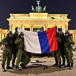 A group of Russian conscript soldiers wearing green helmets, black balaclavas, and sunglasses, striking a strong pose as they take a group picture in front of the half-destroyed Brandenburg Gate