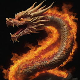 A captivating Chinese dragon whose body is comprised of roaring flames. The orange, yellow, and red flames dance along its serpentine form, flickering and casting a warm glow, creating an ethereal and mesmerizing sight.