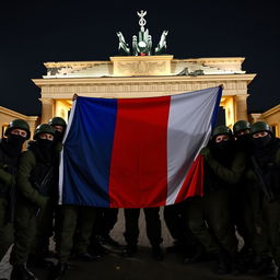 A group of Russian conscript soldiers, clad in black balaclavas and sunglasses, take a group picture in front of the half-destroyed Brandenburg Gate