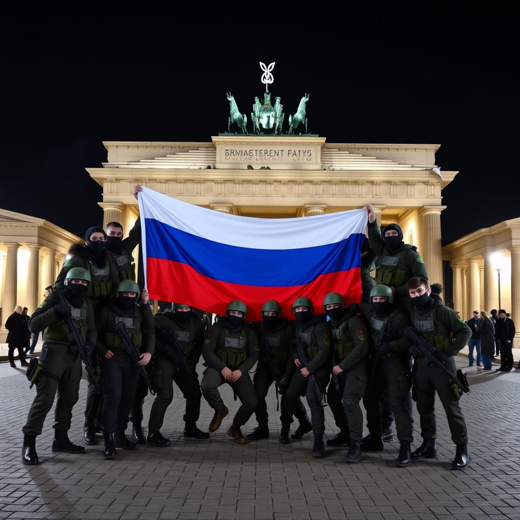 A group of Russian conscript soldiers, clad in black balaclavas and sunglasses, take a group picture in front of the half-destroyed Brandenburg Gate