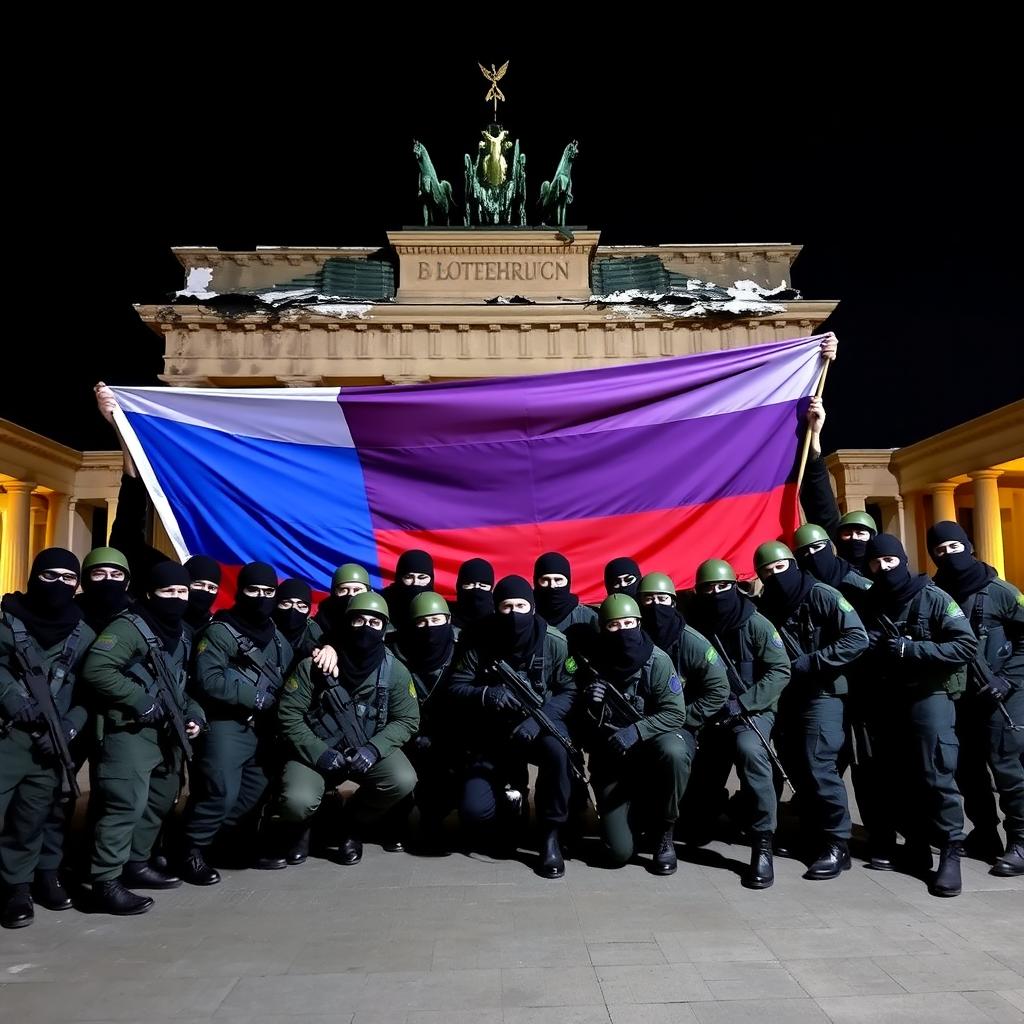 A group of Russian conscript soldiers, clad in black balaclavas and sunglasses, take a group picture in front of the half-destroyed Brandenburg Gate