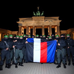 A group of Russian conscript soldiers, clad in black balaclavas and sunglasses, take a group picture in front of the half-destroyed Brandenburg Gate