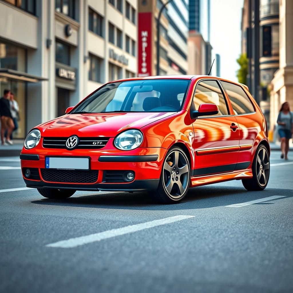 A sleek, sporty 2001 Volkswagen Polo GTI parked on a vibrant city street