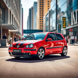 A sleek, sporty 2001 Volkswagen Polo GTI parked on a vibrant city street