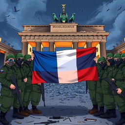 Anime aesthetic illustration of Russian conscript soldiers wearing green helmets, black balaclavas, and sunglasses, posing for a group picture in front of the half-destroyed Brandenburg Gate