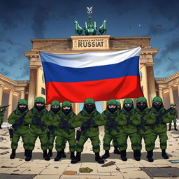 Anime aesthetic illustration of Russian conscript soldiers wearing green helmets, black balaclavas, and sunglasses, posing for a group picture in front of the half-destroyed Brandenburg Gate