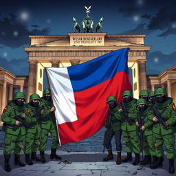 Anime aesthetic illustration of Russian conscript soldiers wearing green helmets, black balaclavas, and sunglasses, posing for a group picture in front of the half-destroyed Brandenburg Gate