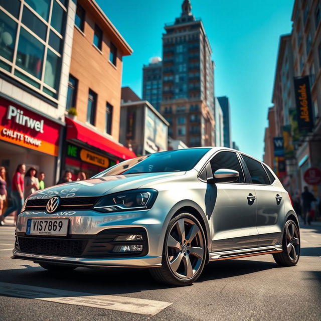 A sleek, silver Volkswagen Polo 6N2 GTI parked in a vibrant city street