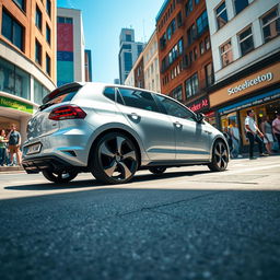 A sleek, silver Volkswagen Polo 6N2 GTI parked in a vibrant city street