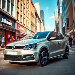 A sleek, silver Volkswagen Polo 6N2 GTI parked in a vibrant city street