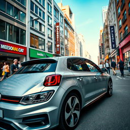 A sleek, silver Volkswagen Polo 6N2 GTI parked in a vibrant city street