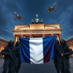 A 3D realistic anime aesthetic depiction of Russian soldiers dressed in black balaclavas and sunglasses, taking a group picture in front of the half-destroyed Berlin's Brandenburg Gate