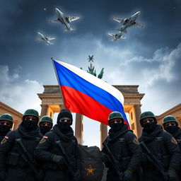 A 3D realistic anime aesthetic depiction of Russian soldiers dressed in black balaclavas and sunglasses, taking a group picture in front of the half-destroyed Berlin's Brandenburg Gate