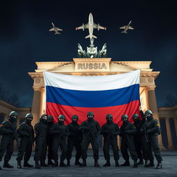 A 3D realistic anime aesthetic depiction of Russian soldiers dressed in black balaclavas and sunglasses, taking a group picture in front of the half-destroyed Berlin's Brandenburg Gate