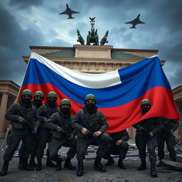 A 3D anime aesthetic scene featuring Russian soldiers wearing black balaclavas and sunglasses, posing for a group picture in front of the half-destroyed Brandenburg Gate in Berlin