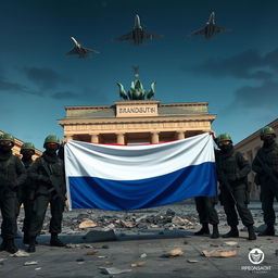 A 3D anime aesthetic scene featuring Russian soldiers wearing black balaclavas and sunglasses, posing for a group picture in front of the half-destroyed Brandenburg Gate in Berlin