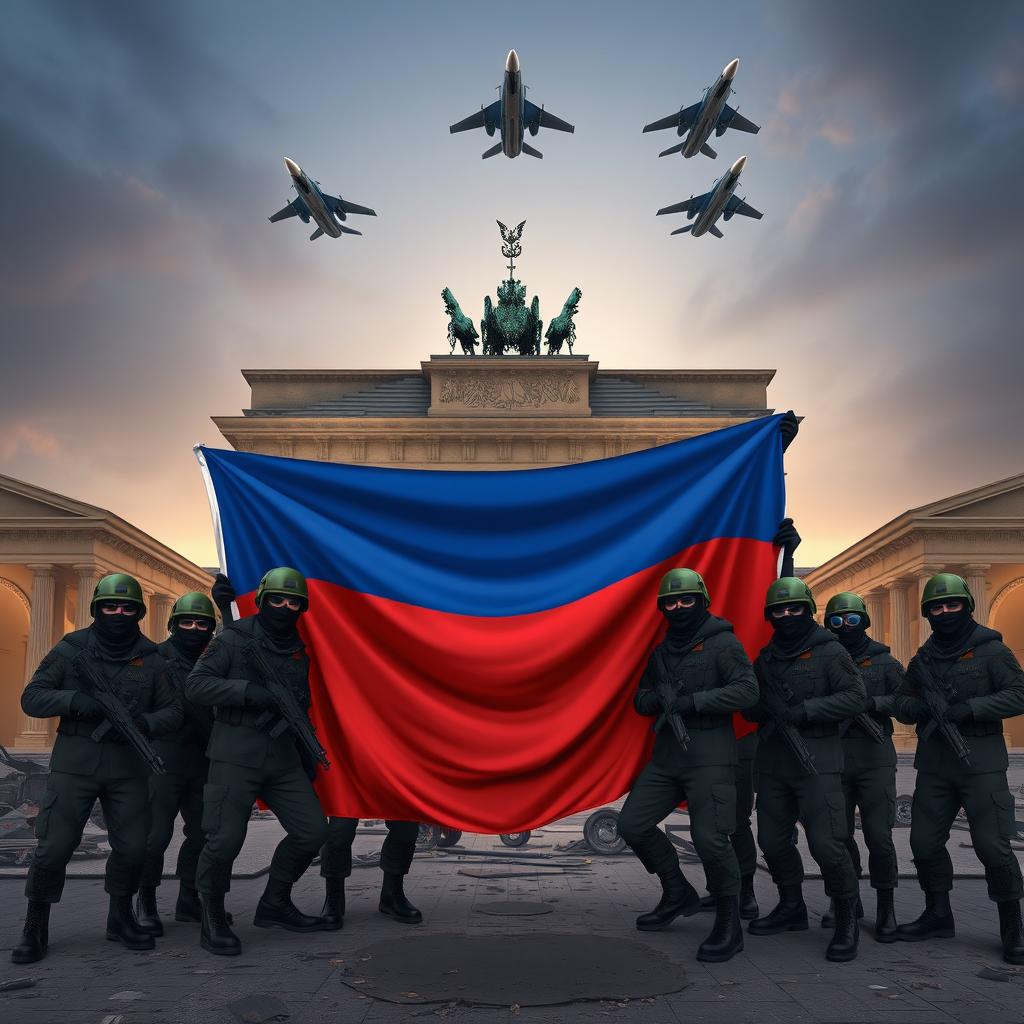 A 3D anime aesthetic scene featuring Russian soldiers wearing black balaclavas and sunglasses, posing for a group picture in front of the half-destroyed Brandenburg Gate in Berlin