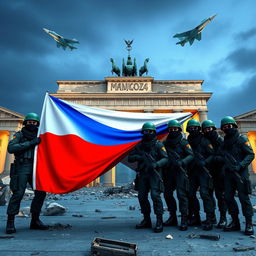 A 3D anime aesthetic scene featuring Russian soldiers wearing black balaclavas and sunglasses, posing for a group picture in front of the half-destroyed Brandenburg Gate in Berlin