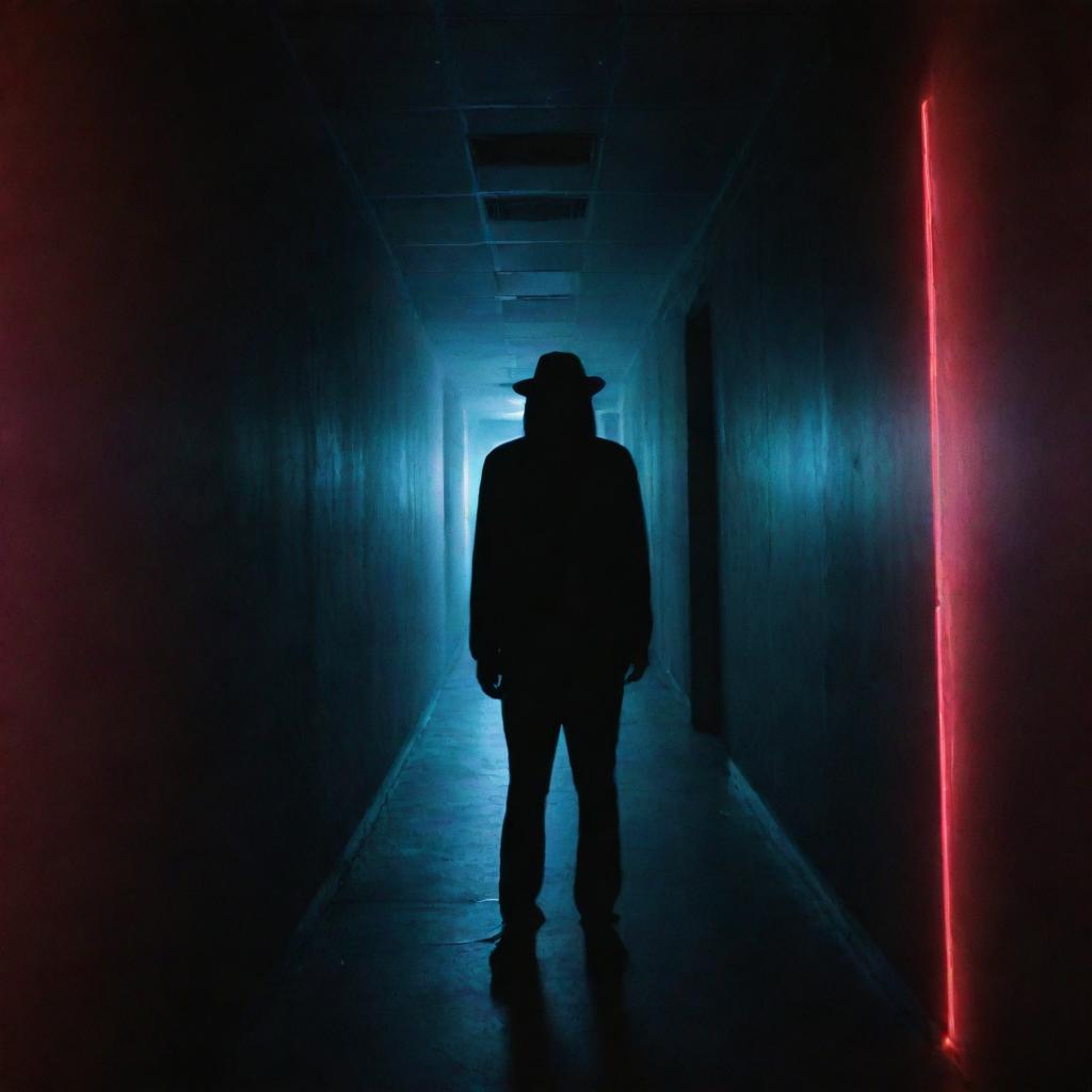 An anonymous figure holding a flashlight in a dark corridor, illuminated by streaks of laser and neon lights.