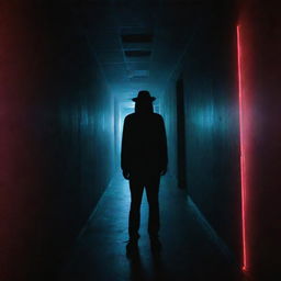 An anonymous figure holding a flashlight in a dark corridor, illuminated by streaks of laser and neon lights.