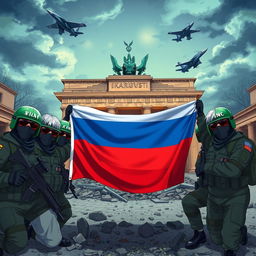 Anime style depiction of Russian soldiers with grey hair, wearing black balaclavas and sunglasses, taking a group picture behind the half-destroyed Brandenburg Gate in Berlin