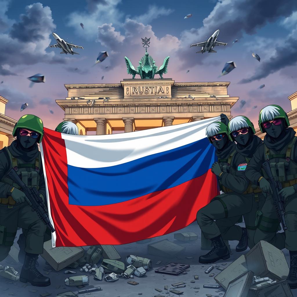 Anime style depiction of Russian soldiers with grey hair, wearing black balaclavas and sunglasses, taking a group picture behind the half-destroyed Brandenburg Gate in Berlin