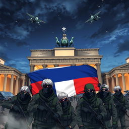 Anime style depiction of Russian soldiers with grey hair, wearing black balaclavas and sunglasses, taking a group picture behind the half-destroyed Brandenburg Gate in Berlin