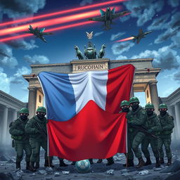 Anime style depiction of Russian soldiers with grey hair, wearing black balaclavas and sunglasses, taking a group picture behind the half-destroyed Brandenburg Gate in Berlin